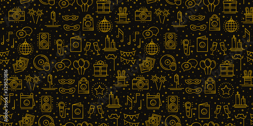 Birthday party seamless pattern in gold. Party decor elements: birthday cake, gift, confetti. Festive, event, entertainment, fun, carnival theme. Golden texture. Vector illustration. Line background.