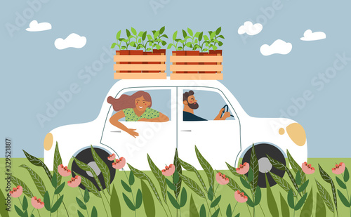 People ride in a car against the background of grass, flowers, sky and clouds for planting seedlings in the garden. Vector illustration