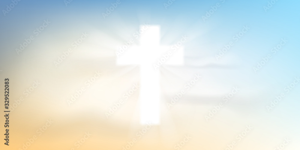 Obraz premium Christian religious design for Easter celebration, shining Cross and white clouds. Vector illustration.