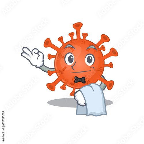 A design of deadly corona virus cartoon character working as waiter