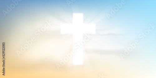 Christian religious design for Easter celebration, shining Cross and white clouds. Vector illustration.