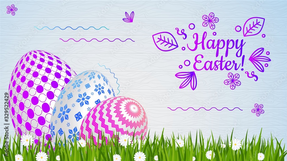 Easter greeting card template. Easter eggs on green grass with daisies.