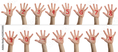 Children's hands with numbers