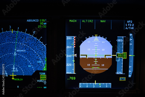 Primary flight display and navigation display at night of an Airbus A320, altitude, speed and attitude indication photo