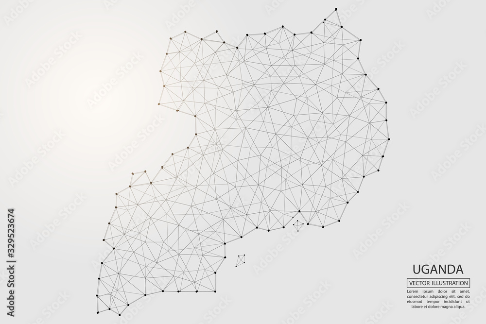 Obraz premium A map of Uganda consisting of 3D triangles, lines, points, and connections. Vector illustration of the EPS 10.