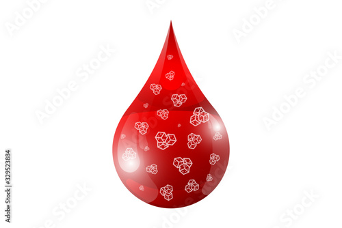 Realistic 3d blood drop with sugar pieces inside. Testing blood glucose concept. Diabetes world day. Vector illustration