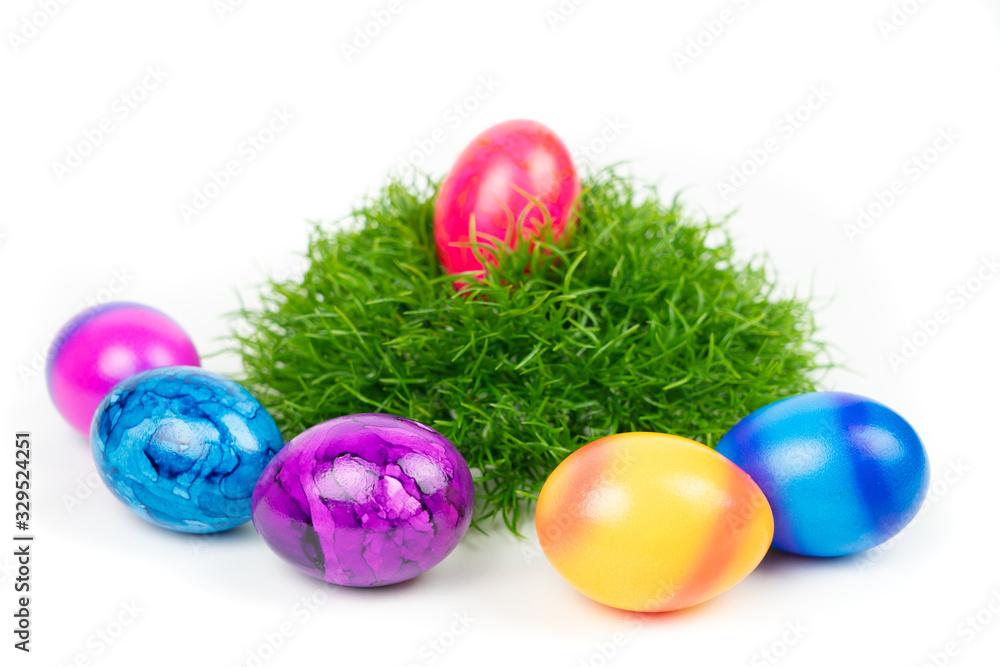 Easter basket with colorful Easter eggs Easter basket with colorful Easter eggs