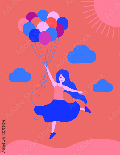 Young lady hold balloons. Positive Thinking, Open Mind Psychological Course or Women Happy Lifestyle Concept. Vector illustration in flat cartoon style.