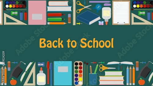 Back to school. Animated greeting, advertising, sale of school stationery. School supplies move in row, vary in size. Text Sale. Special offer. Loop animation with included alpha channel. Cycle repeat