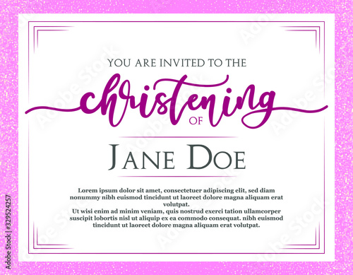 Christening Invitation. Template in Vector about Baptism ceremony. Pink flyer. 