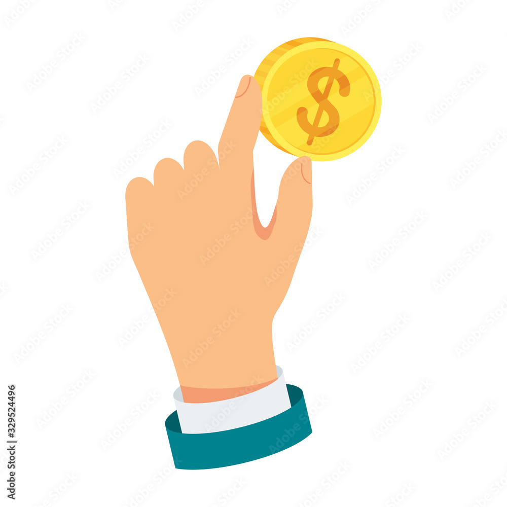 Gold coin in hand. Flat vector illustration. Gold coin in hand. Flat vector illustration.