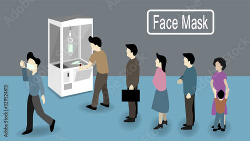 The abstract cartoon illustration picture of the people waiting in line to get the face mask from the doll machine, in order to show the difficulty for the people to get the face mask. ( vector )