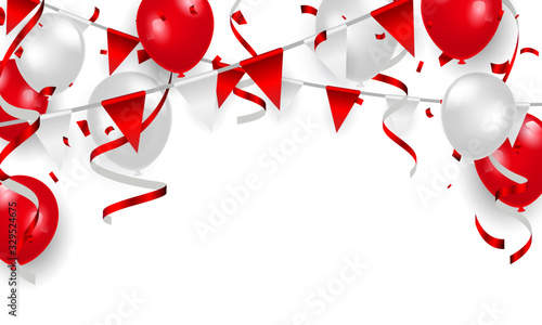 Red balloons, confetti concept design 17 August Happy Independence Day greeting background. Celebration Vector illustration.