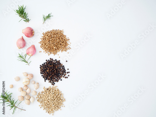 Composition with spices on white background.