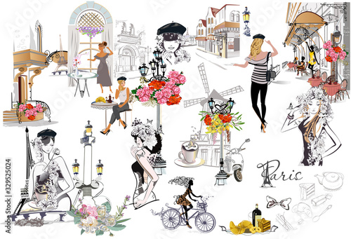 Dekoracja na wymiar  set-of-paris-illustrations-with-fashion-girls-cafes-and-musicians-vector-illustration