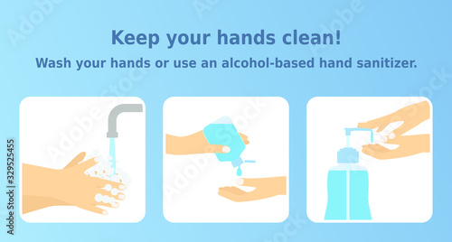 Vector illustration 'Keep your hands clean'. Set of 3 icons of washing hands and sanitizer using. Poster for promotion of cleaning hands. Health banners, hygiene infographic.