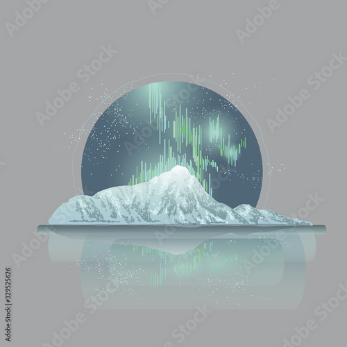  Northern Lights. Aurora Polar Lights. Mountains of Norway. Winter landscape at night. Ocean in the snowy mountains. Bright starry sky. Traveling in the mountains.