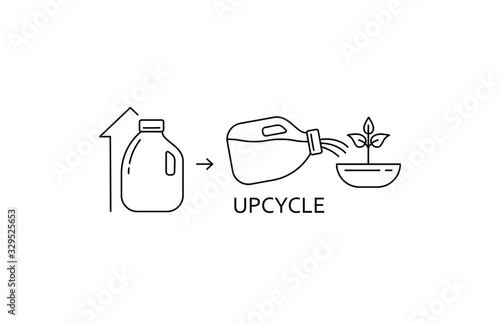 Upcycle concept. Plastic bottles upcycling. Secondary use of plastic bottles as a watering pot pot. Reuse and upcycling sign. EPS 10 vector thin line illustration.