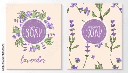 Background with handmade lavender soap. Seamless pattern. Organic cosmetic natural soap.