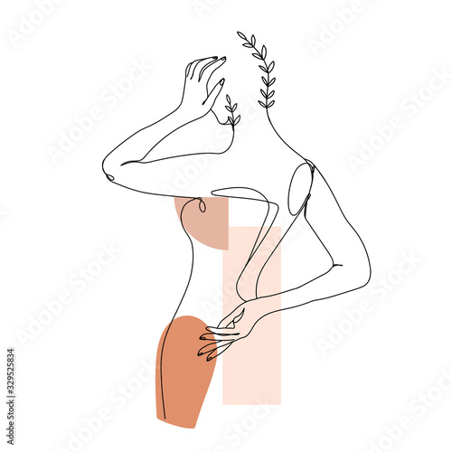 Trendy one line woman body with branch of leaves and abstract geometric shapes. Elegant continuous line print for textile, poster, card, t-shirt etc. Vector fashion illustration.