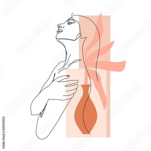 Trendy one line woman body with abstract geometric shapes. Girl hugs herself. Elegant continuous line print for textile, poster, card, t-shirt etc. Vector fashion illustration.