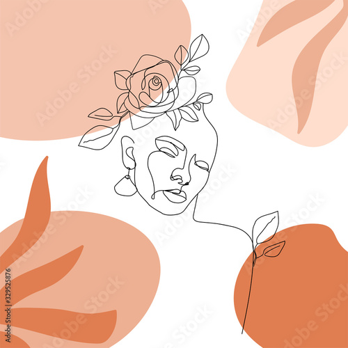 Contemporary design collage with one line woman face, flower, leaves and abstract shapes. Terracotta aesthetic card for textile, poster, card, cover, t-shirt etc. Vector illustration.