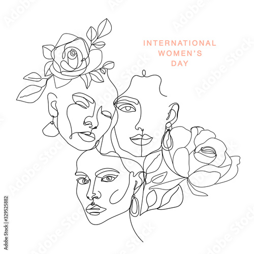 International Women's Day greeting card. Illustration with one line woman face, flowers and leaves.  Women empowerment. Vector illustration.