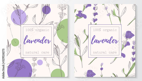 Vector set of lavender natural cosmetic horizontal banners on a seamless pattern. Vector hand drawn illustration