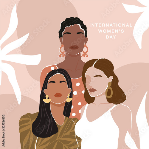 International Women's Day greeting card. Abstract woman portrait different nationalities on geometric background. Girl power, struggle for equality, feminism, sisterhood concept. Vector illustration.