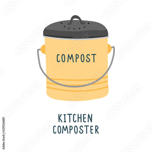 Kitchen composter, metal container with soil for biogradable trash, bin for food leftovers, isolated vector illustration