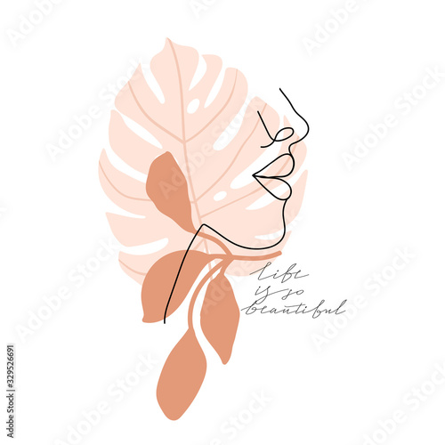 Trendy one line woman face with abstract leaves and calligraphy. Fashion typography slogan design "life is so beautiful" sign. Continuous line print for poster, card, t-shirt etc. Vector illustration.
