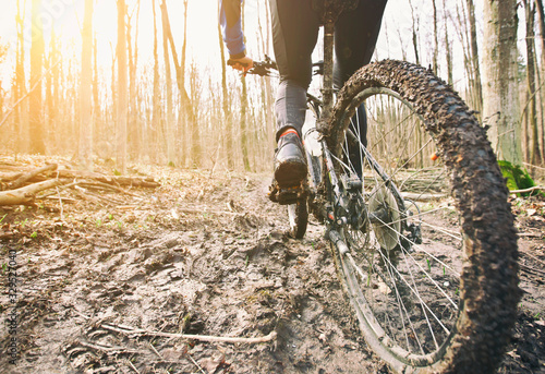The cyclist is riding on mountain bike on dirt trail in forest in the early spring