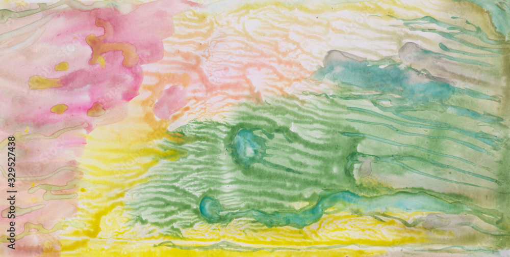 Watercolor, abstract composition in the technique of monotype, pink green and yellow stains look like a fantastic landscape