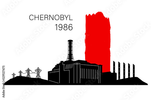 Black and red silhouette of Chernobyl nuclear power plant in moment disaster, isolated on white background. Date April 26, 1986. Monochrome design concept. Place for text. Stock vector illustration
