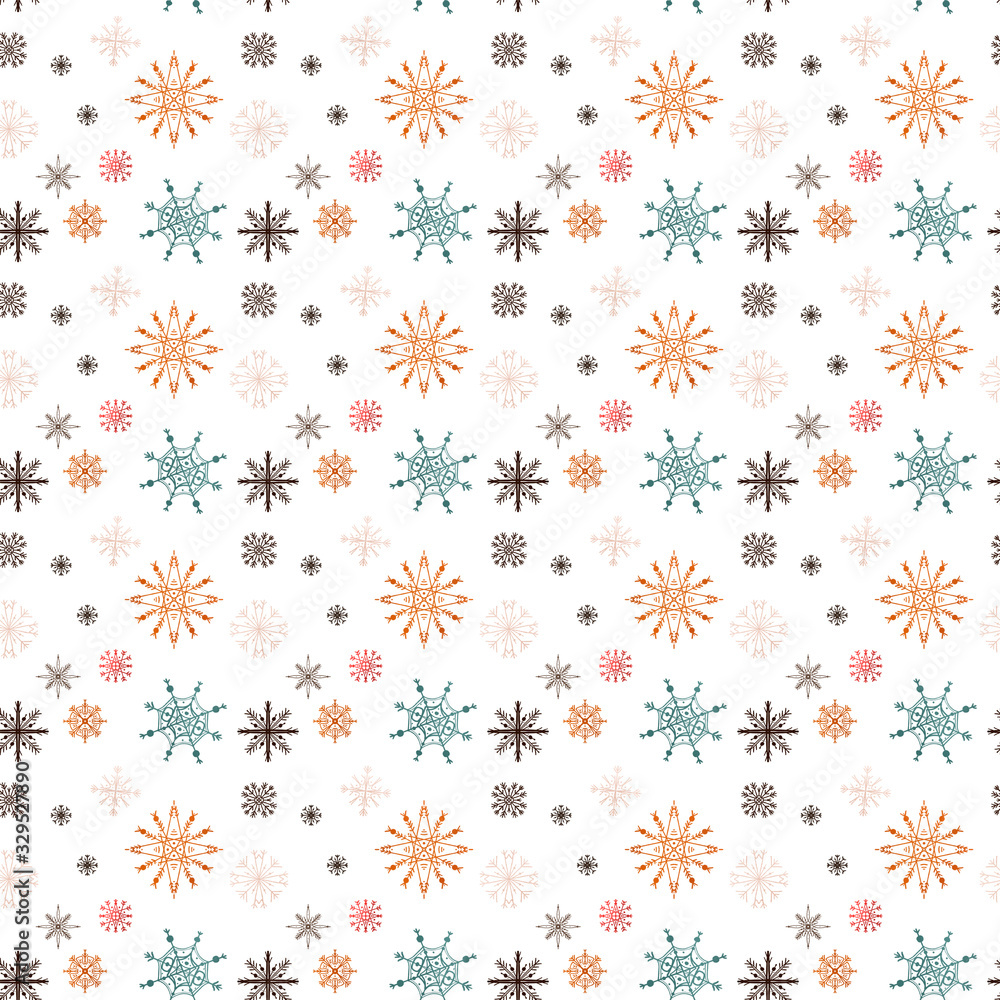 Multi-colored snowflakes hand-held seamless square texture textural digital art on a white background. Print for wrapping paper, cards, banners, posters, web, fabrics, invitations.