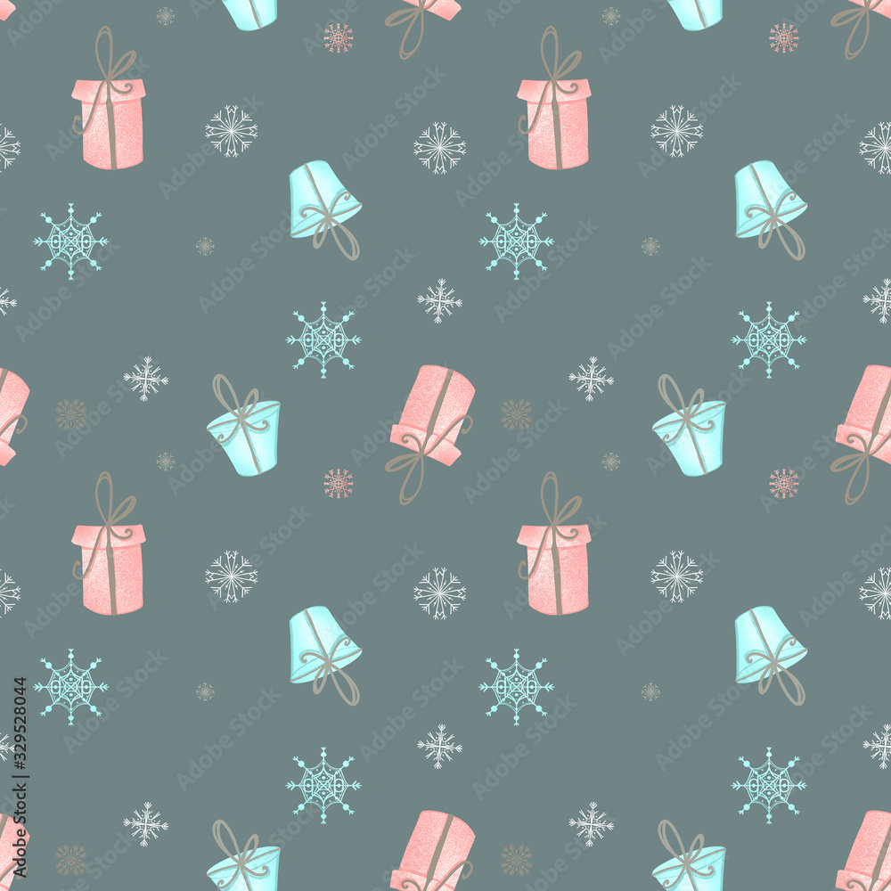Christmas present and snowflakes seamless square texture textural digital art on blue background. Print for wrapping paper, cards, banners, posters, web, fabrics, invitations. Christmas present and snowflakes seamless square texture textural digital art on blue background. Print for wrapping paper, cards, banners, posters, web, fabrics, invitations.