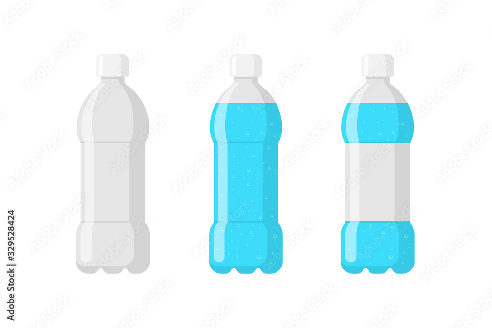 Plastic bottle package set empty with blue water and label. Carbonated mineral drink beverage with bubbles in tare flat isolated vector illustration Plastic bottle package set empty with blue water and label. Carbonated mineral drink beverage with bubbles in tare flat isolated vector illustration