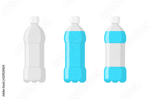 Plastic bottle package set empty with blue water and label. Carbonated mineral drink beverage with bubbles in tare flat isolated vector illustration