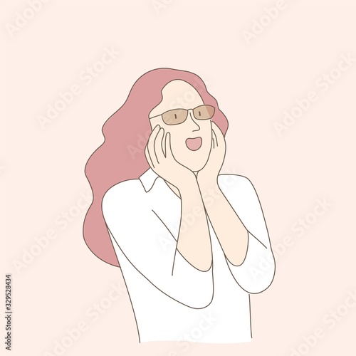 Hand drawn vector illustration of surprised girl with glasses.