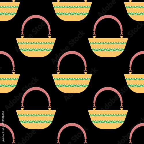 Seamless pattern with yellow oval beach bag with green geometric on black background.Bright summer pattern for textiles.For beachwear.Vector illustration.