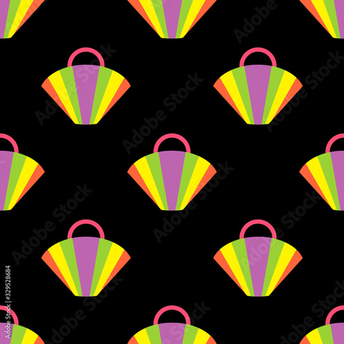 Seamless pattern with a multicolored beach bag on a black background.Bag in the form of a fan.Summer bright design for textiles.Vector illustration.