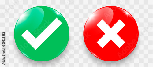 Tick and cross signs glossy realistic style. Vector illustration