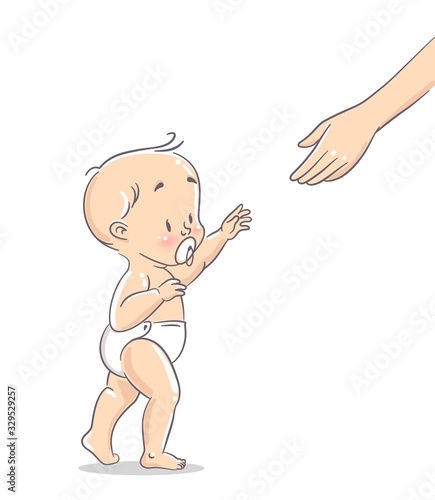 Cute baby boy reaching for mother's loving hand. First steps. Cartoon vector illustration