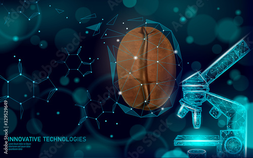 3D coffee bean realistic caffeine molecule. Low poly modern cafe processing symbol. Technology product caffeine free science research. Science research sign vector illustration