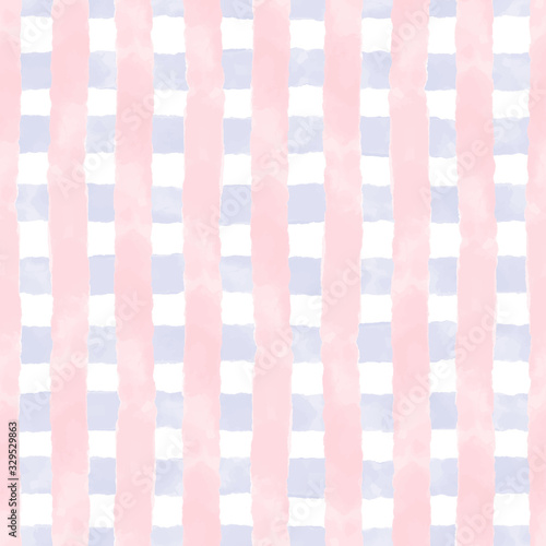 Vector watercolor grid blue and pink stripes seamless. Repeating hand drawn background.