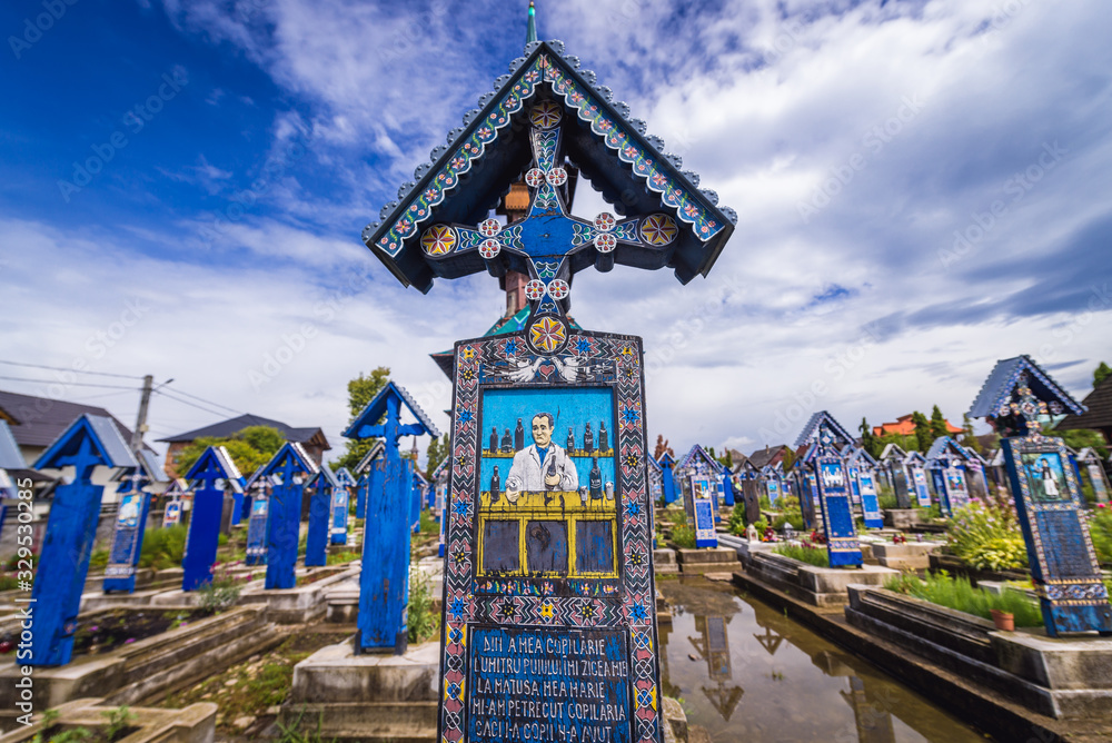 Merry Cemetery in Sapanta village, famous for its painted headstones, one of the major tourist attractions in Romania