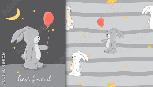 Greeting card and Pattern of cute bunny in the soft backdrop