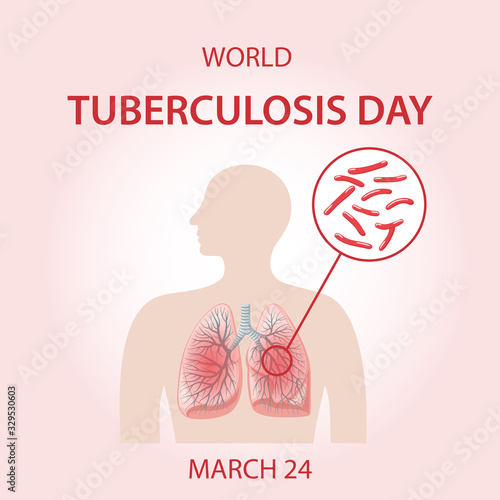 World Tuberculosis Day. Images of human body with sick lungs and Koch tubercle bacillus in a magnifier. Vector illustration in flat style over red background