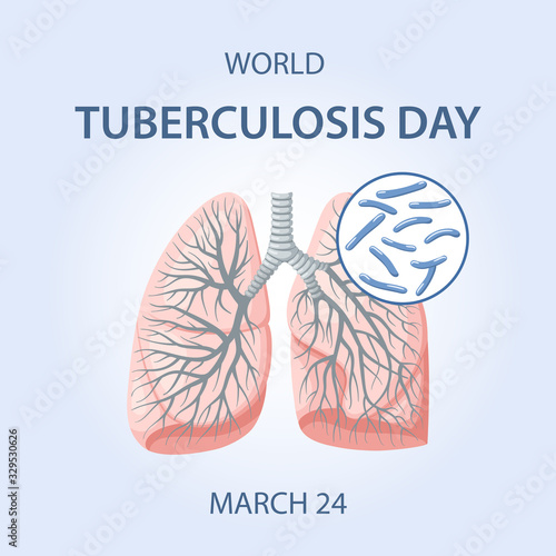 World Tuberculosis Day. Images of human lungs and Koch tubercle bacillus in a magnifier over blue background. Vector illustration in flat style