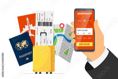 Online flight booking service concept. Hand holding smartphone with mobile app ordering airline ticket in front of suitcase luggage and passport. Travel application vector flat illustration